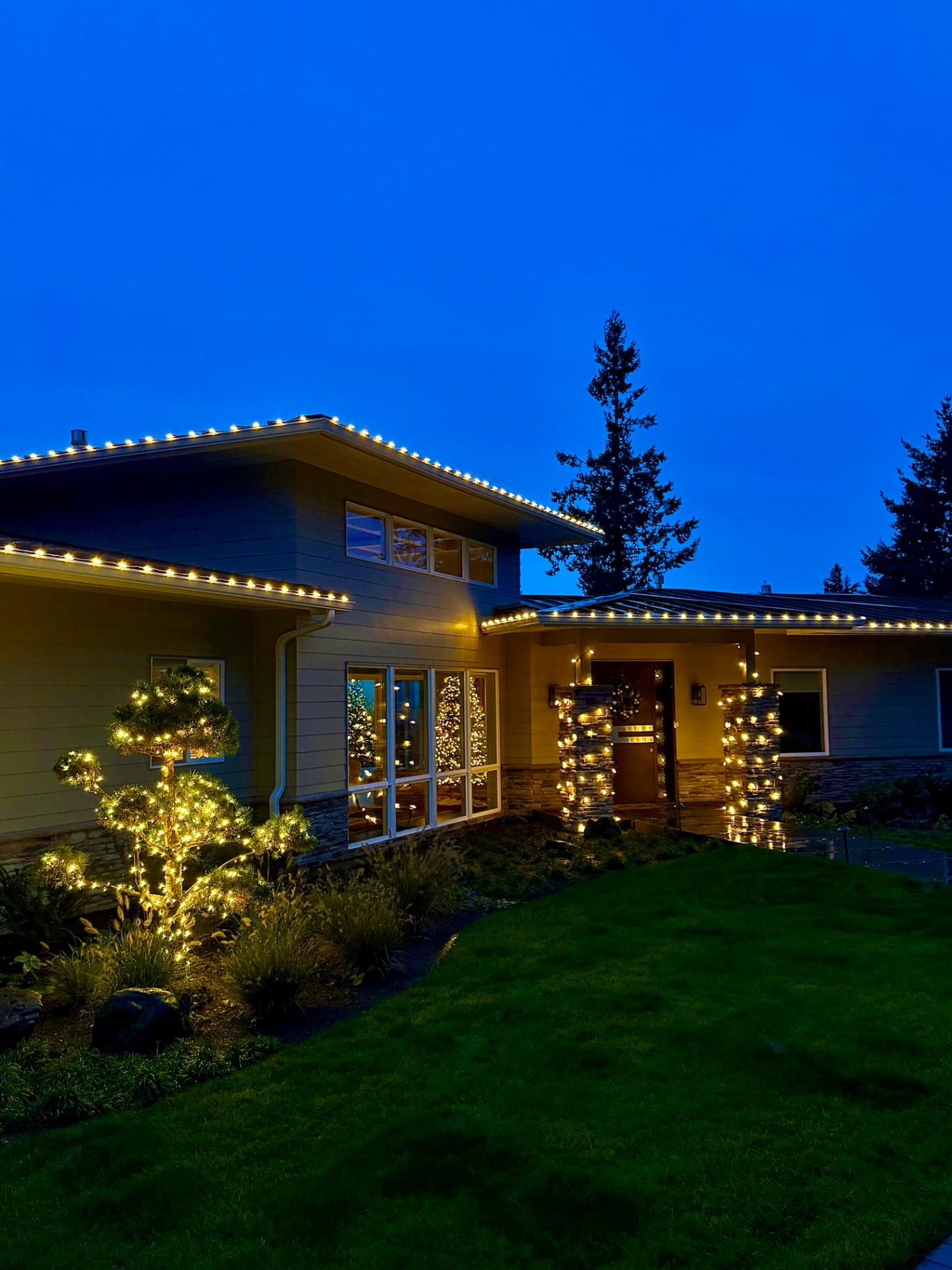 Modern Oregon home wrapped in warm-white C9 Christmas lights with lit topiary and columns at blue hour