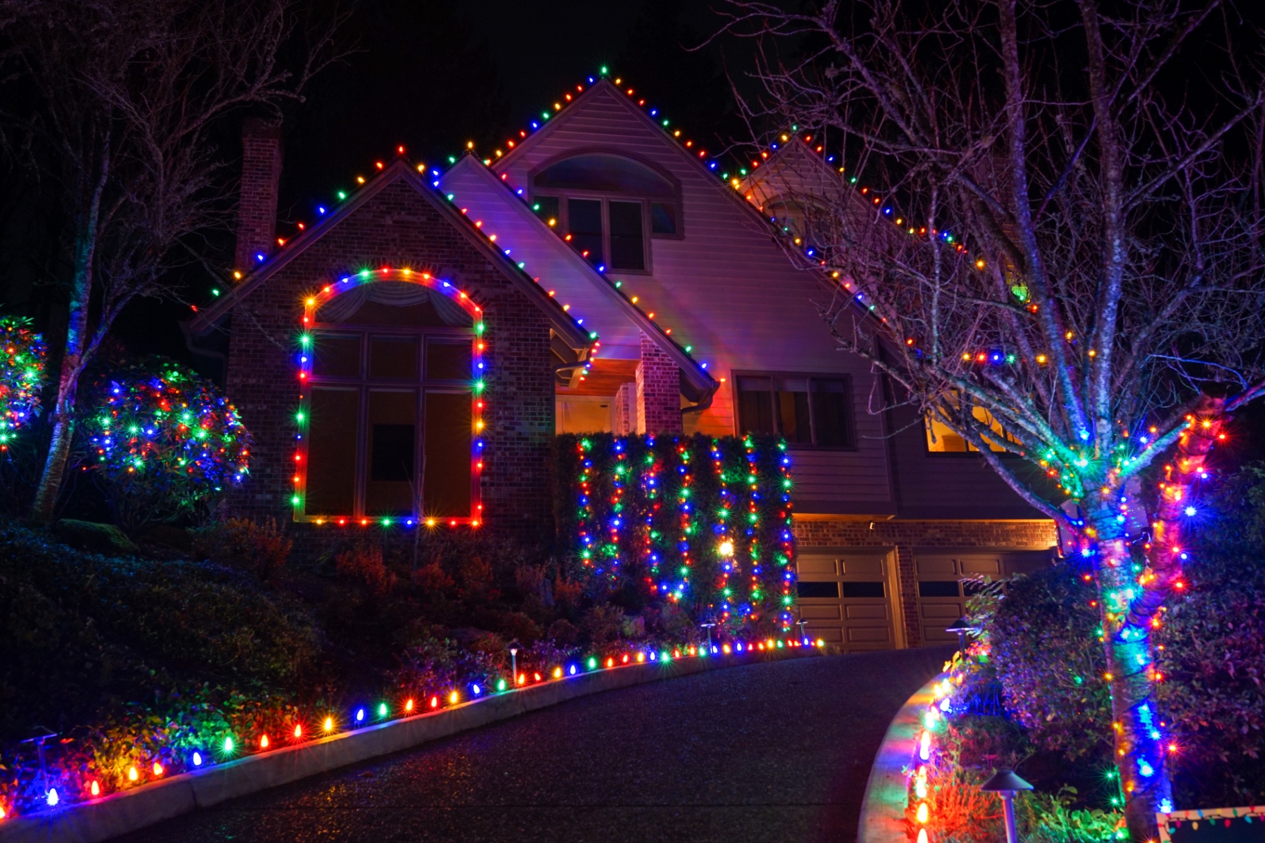 Classic brick Tudor home covered in multi-color Christmas lights with wrapped trees and shrubs