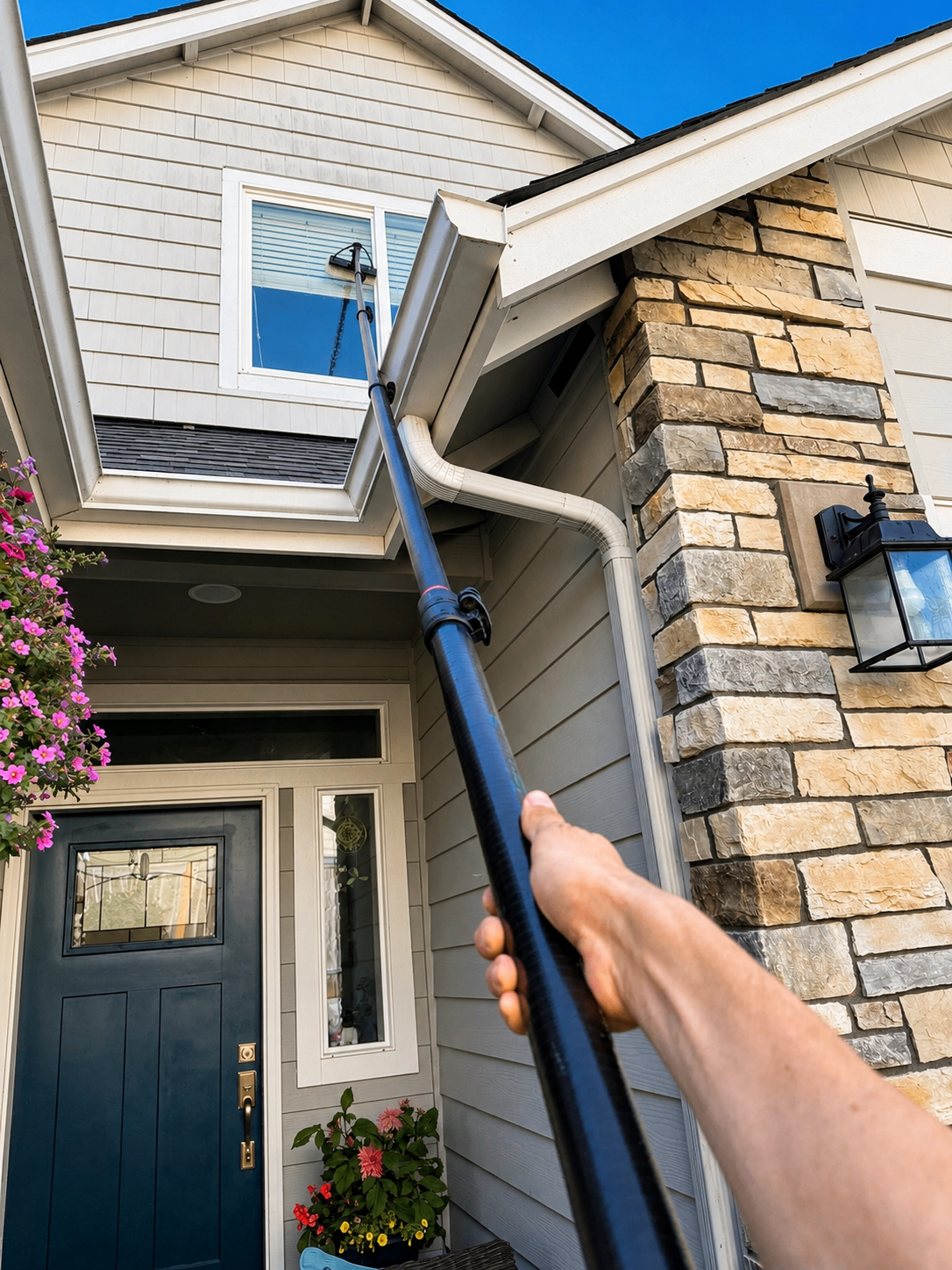 Pole reaching a second-story window above a stone-and-siding entryway