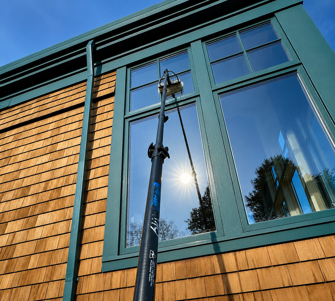 Halen Homes technician cleaning second-story windows with a water-fed pole