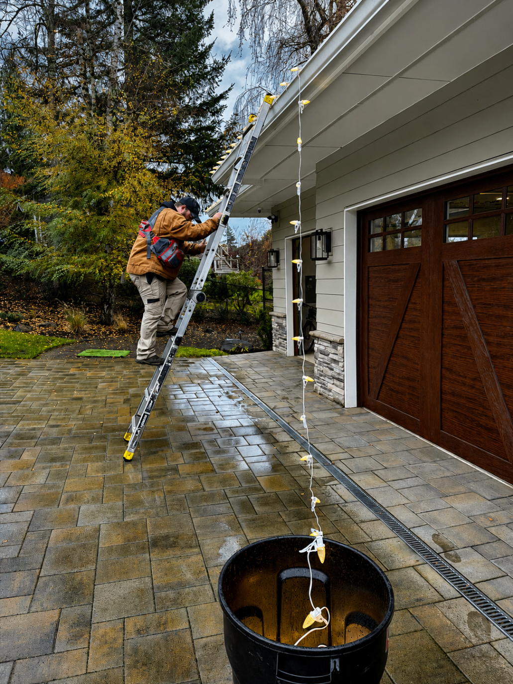 Christmas light installation on a craftsman home with carriage garage doors