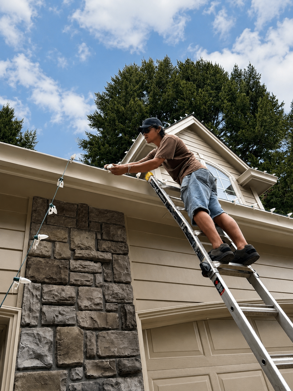 Installer stringing warm white C9 lights above a stone accent
