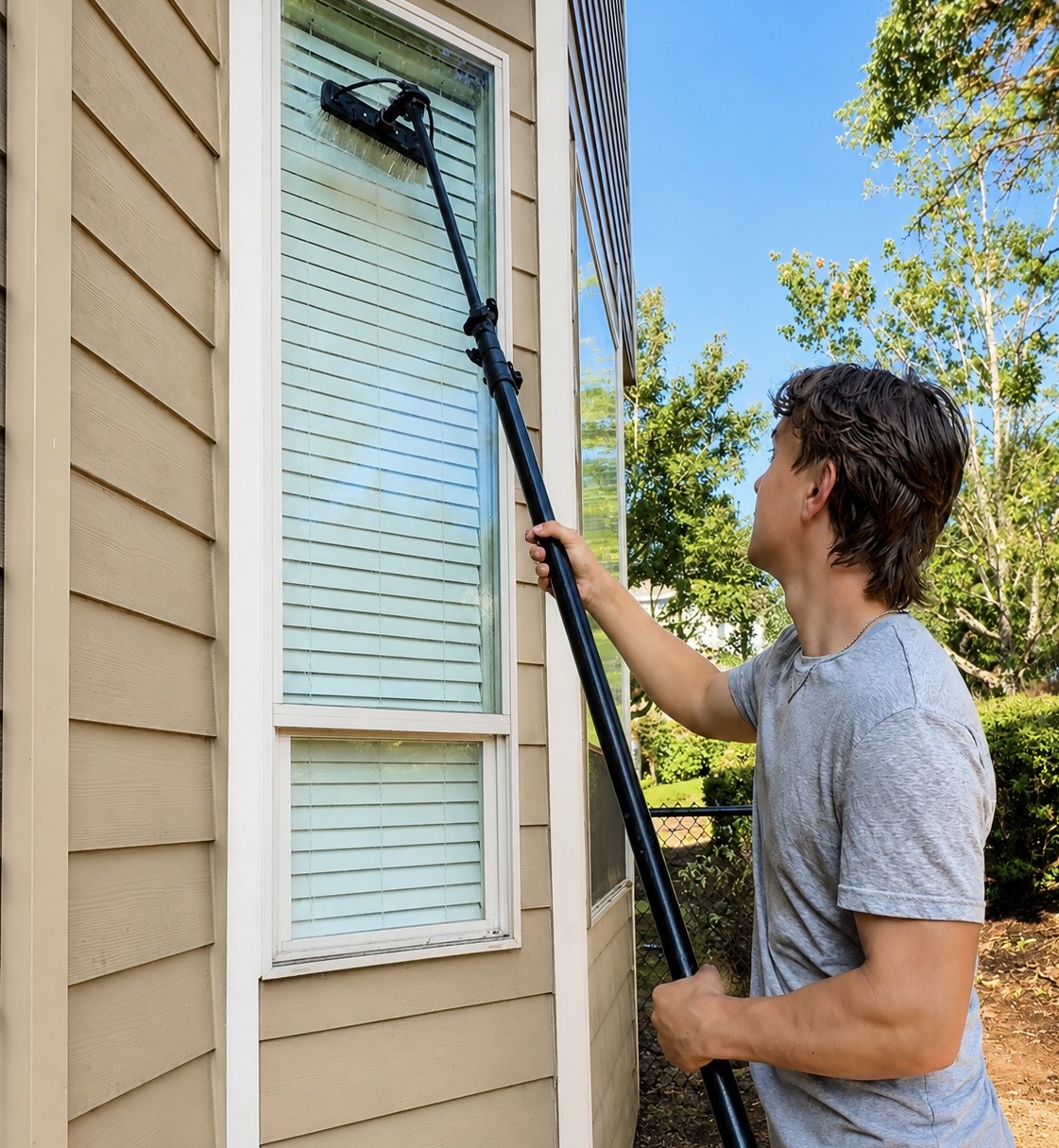 Technician reaching an upper window from the ground with a carbon pole