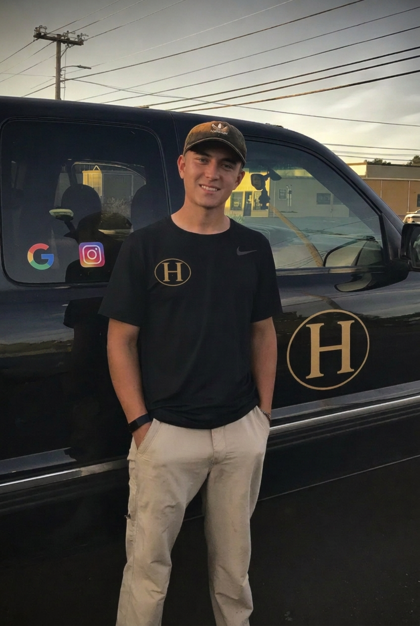 Owner of Halen Homes standing in front of a black company van with the gold Halen Homes logo